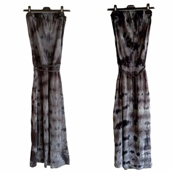 GYPSY 05 silk tie-Dye boho strapless maxi dress blue grey M - Picture 2 of 8